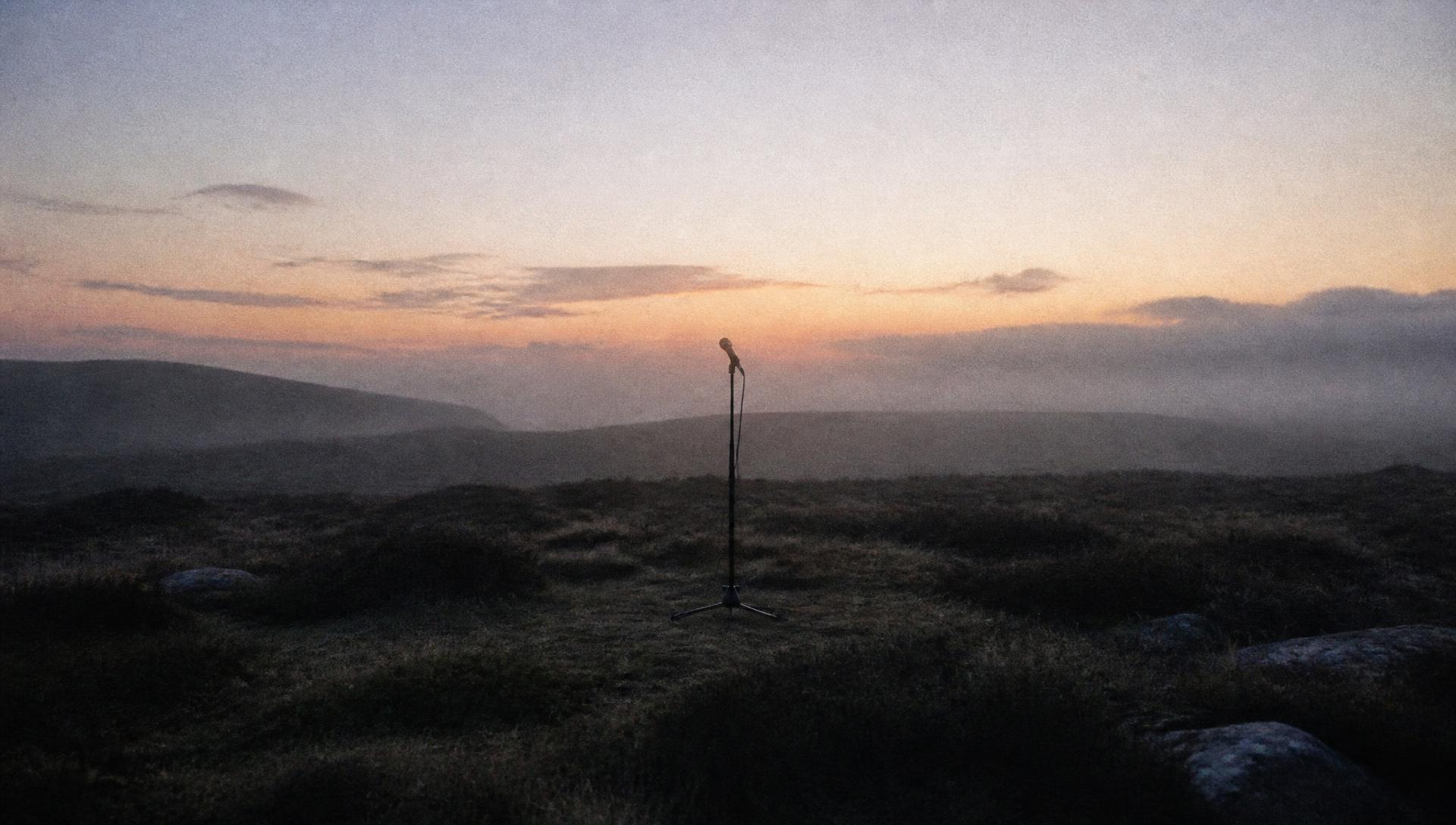 A microphone stand on a misty moor at dawn